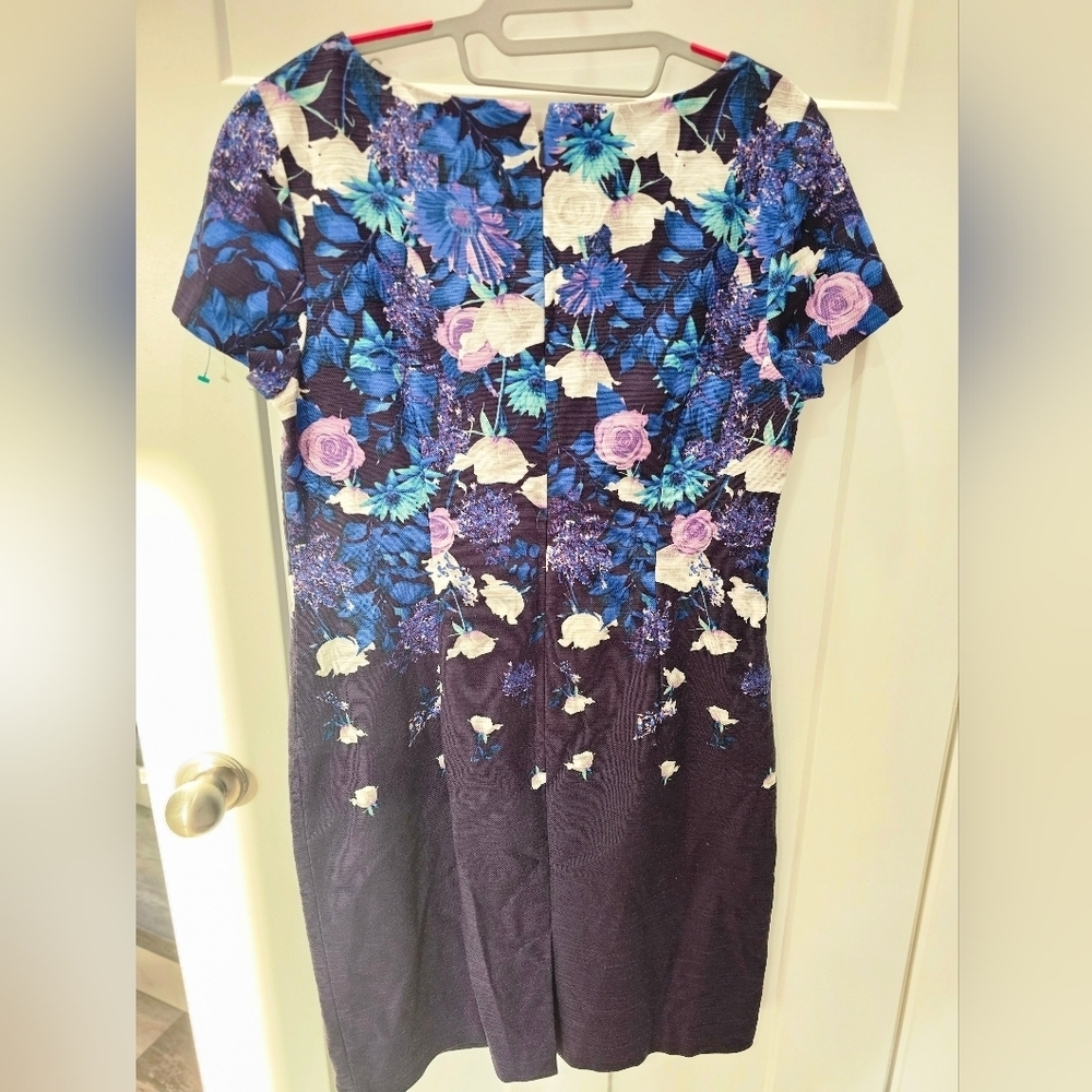 Talbots Floral Sheath Dress Size 12 Cotton Blend Purple Blue Short Sleeve Lined - Picture 4 of 12